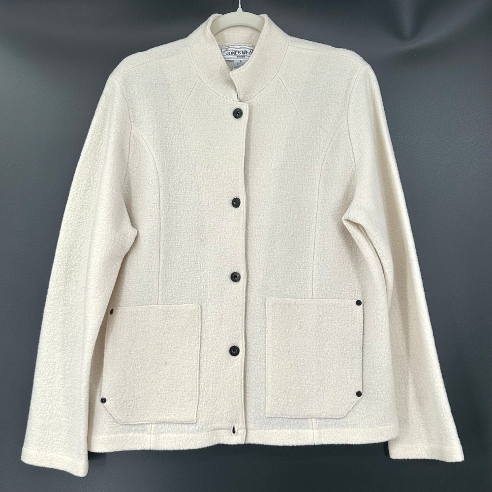 Jones Wear Sport Cream 100% Boiled Wool Button Up Jacket Womens Large Vintage